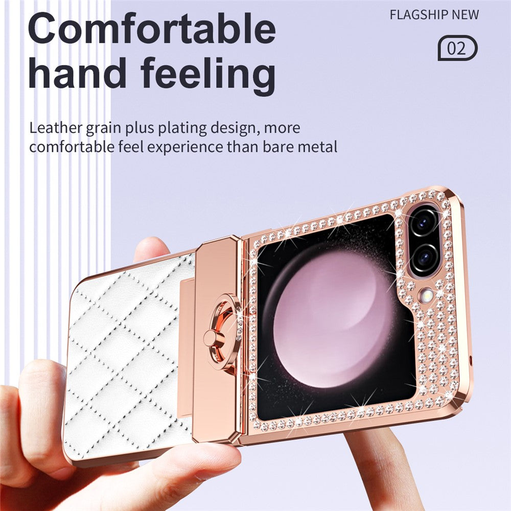 Galaxy Z Flip7 FE 5G / Z Flip6 5G / Z Flip5 5G Luxus-Hülle – Lederoptik mit Ring & Strass