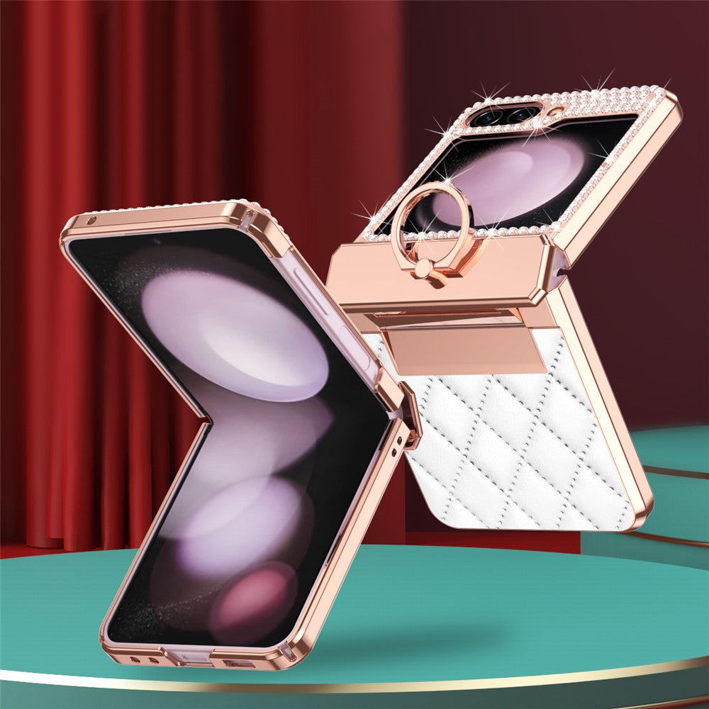Galaxy Z Flip7 FE 5G / Z Flip6 5G / Z Flip5 5G Luxus-Hülle – Lederoptik mit Ring & Strass