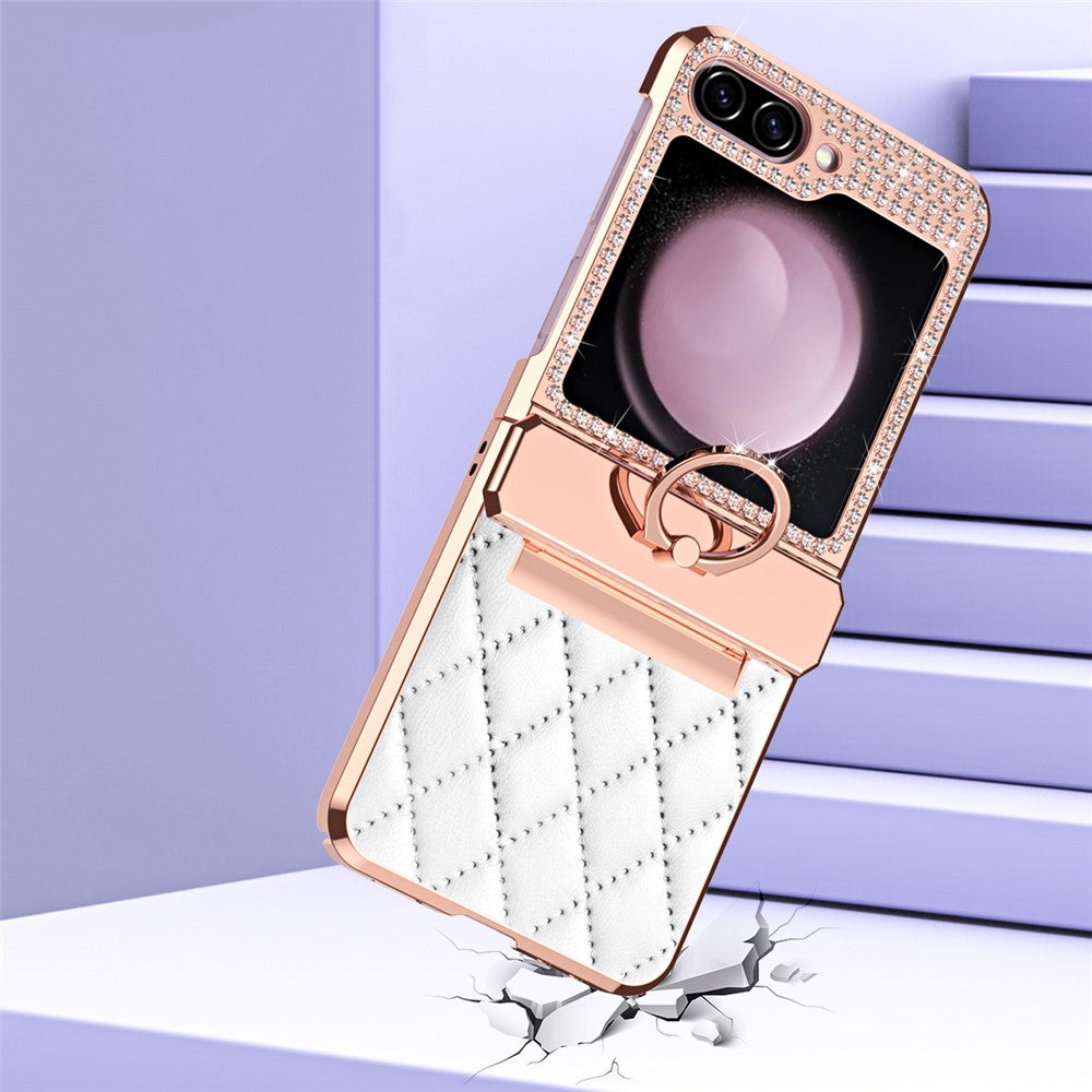 Galaxy Z Flip7 FE 5G / Z Flip6 5G / Z Flip5 5G Luxus-Hülle – Lederoptik mit Ring & Strass