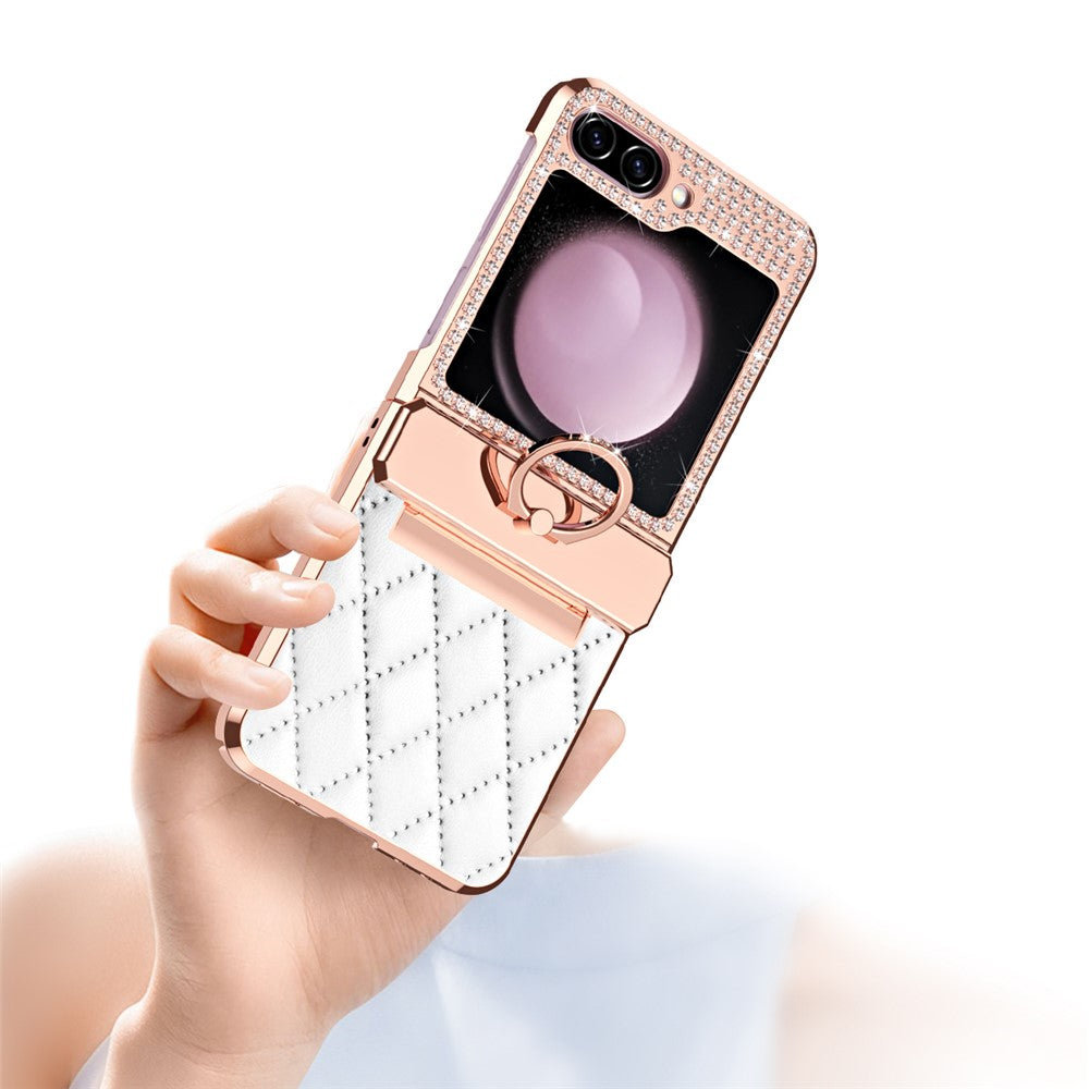 Galaxy Z Flip7 FE 5G / Z Flip6 5G / Z Flip5 5G Luxus-Hülle – Lederoptik mit Ring & Strass