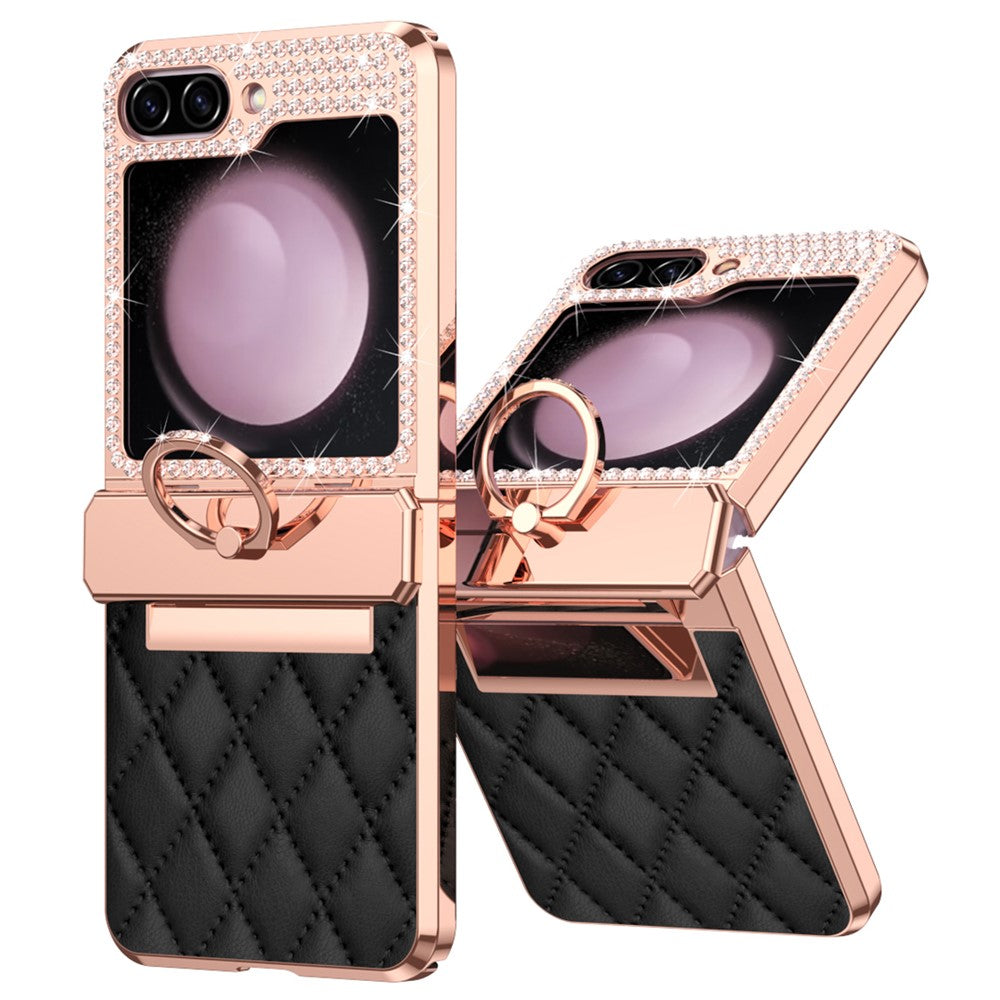 Galaxy Z Flip7 FE 5G / Z Flip6 5G / Z Flip5 5G Luxus-Hülle – Lederoptik mit Ring & Strass