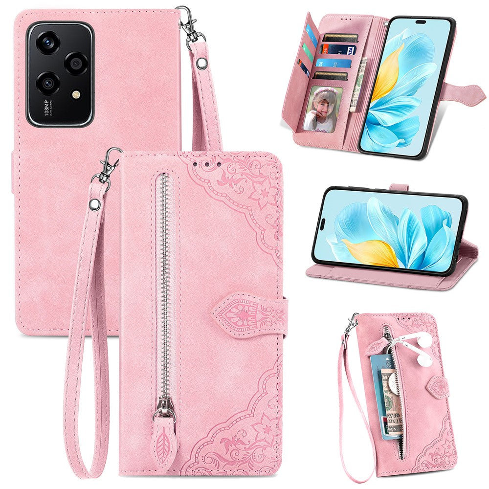 For Honor 200 Lite Zipper Wallet Case with Strap Flower Imprint PU Leather Phone Cover