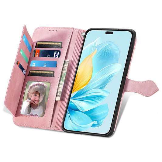 Honor 200 Lite Handyhülle – Brieftaschen- mit Reißverschluss und Riemen, Blumen-Aufdruck, PU-Leder