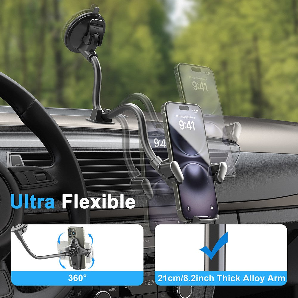 X034 Gooseneck Car Phone Mount Suction Cup Windshield Dashboard Holder Flexible Long Arm 360 Degree Adjustable Mobile Holder for 4.7-7.2 Inch Phones