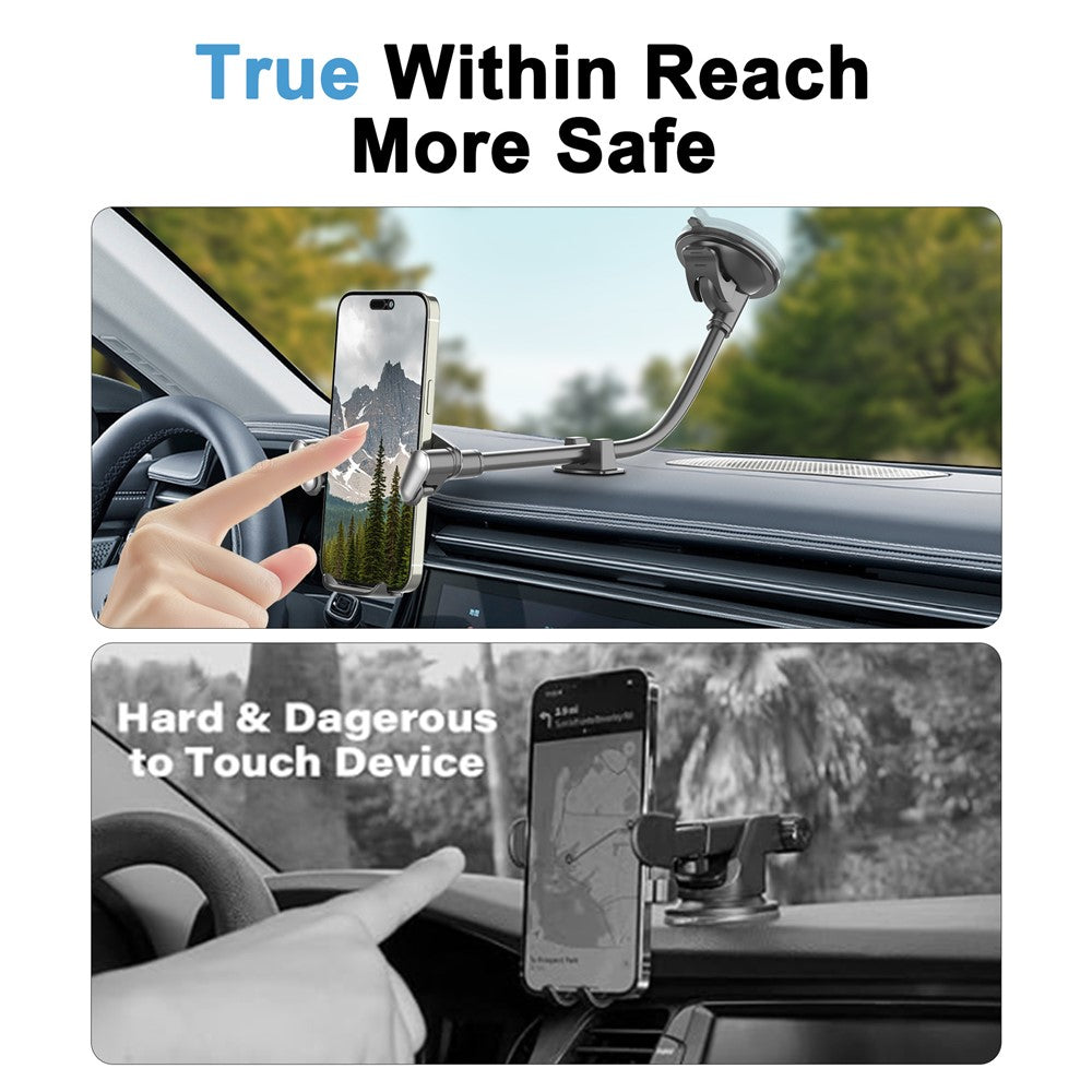 X034 Gooseneck Car Phone Mount Suction Cup Windshield Dashboard Holder Flexible Long Arm 360 Degree Adjustable Mobile Holder for 4.7-7.2 Inch Phones