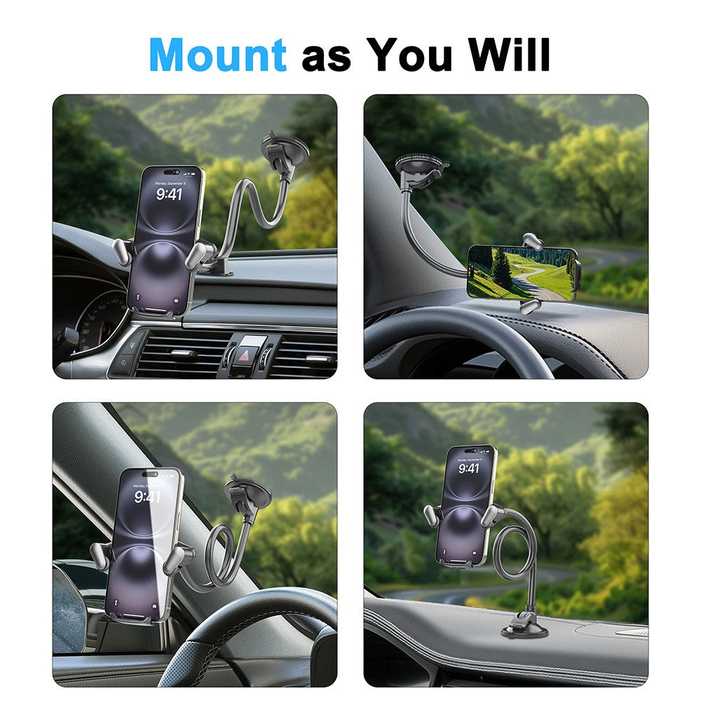 X034 Gooseneck Car Phone Mount Suction Cup Windshield Dashboard Holder Flexible Long Arm 360 Degree Adjustable Mobile Holder for 4.7-7.2 Inch Phones