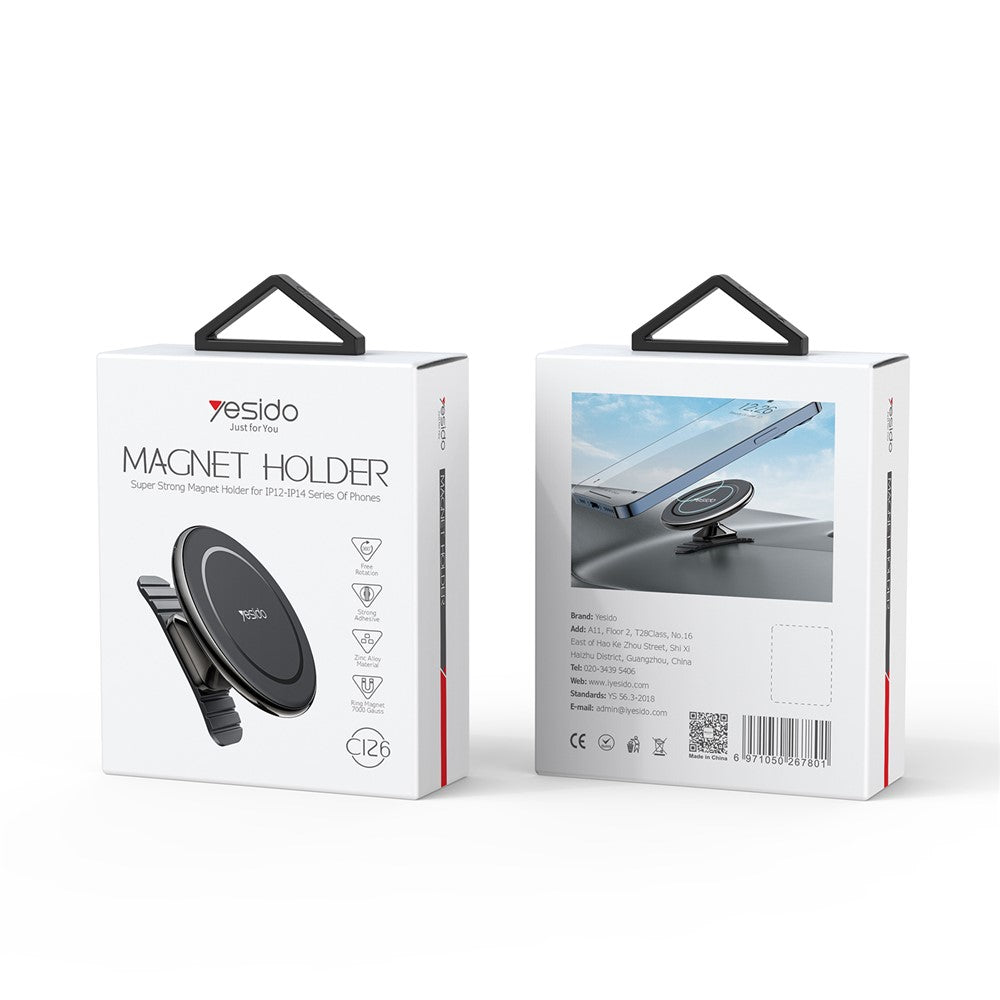 YESIDO C126 For iPhone 12 / 13 / 14 Zinc Alloy Car Magnetic Phone Holder 720 Degree Rotation Adhesive Bracket