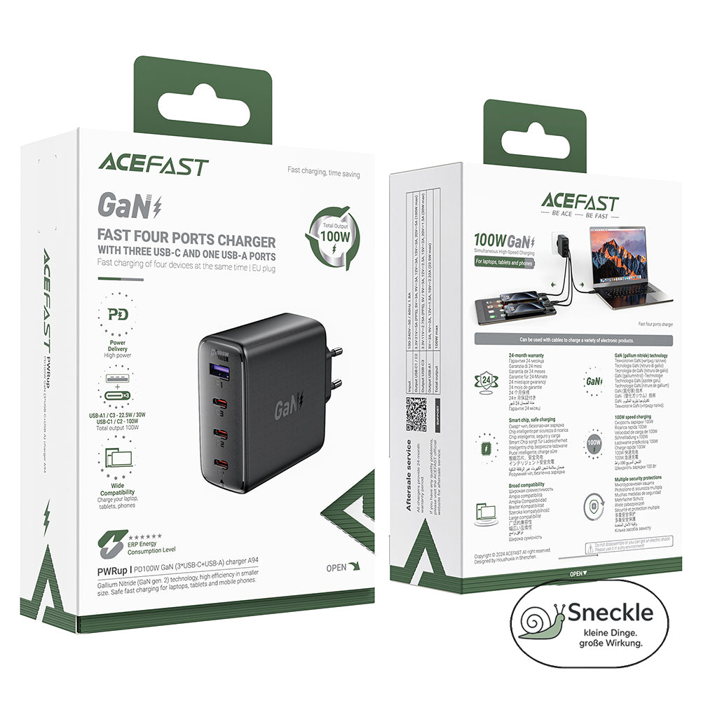 Wandladegerät 100W mit 4 Ports (3×USB-C, 1×USB-A) - GaN Technologie