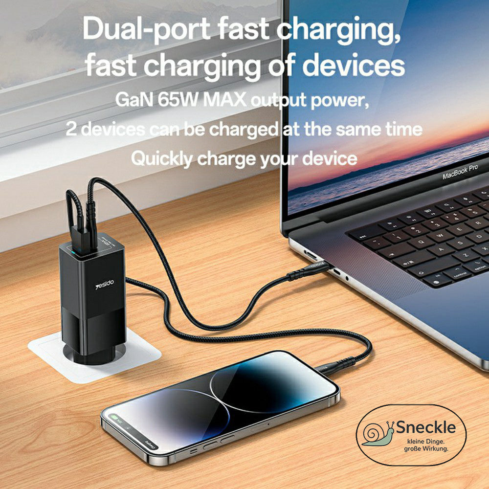 Wandladegerät 65W mit 2 Ports (1×USB-C, 1×USB-A) - GaN Technologie
