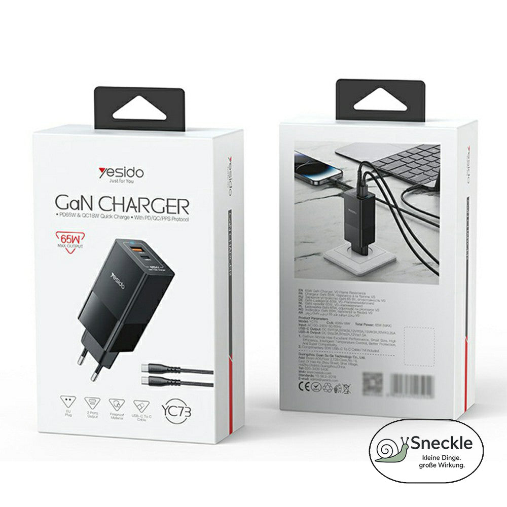 Wandladegerät 65W mit 2 Ports (1×USB-C, 1×USB-A) - GaN Technologie