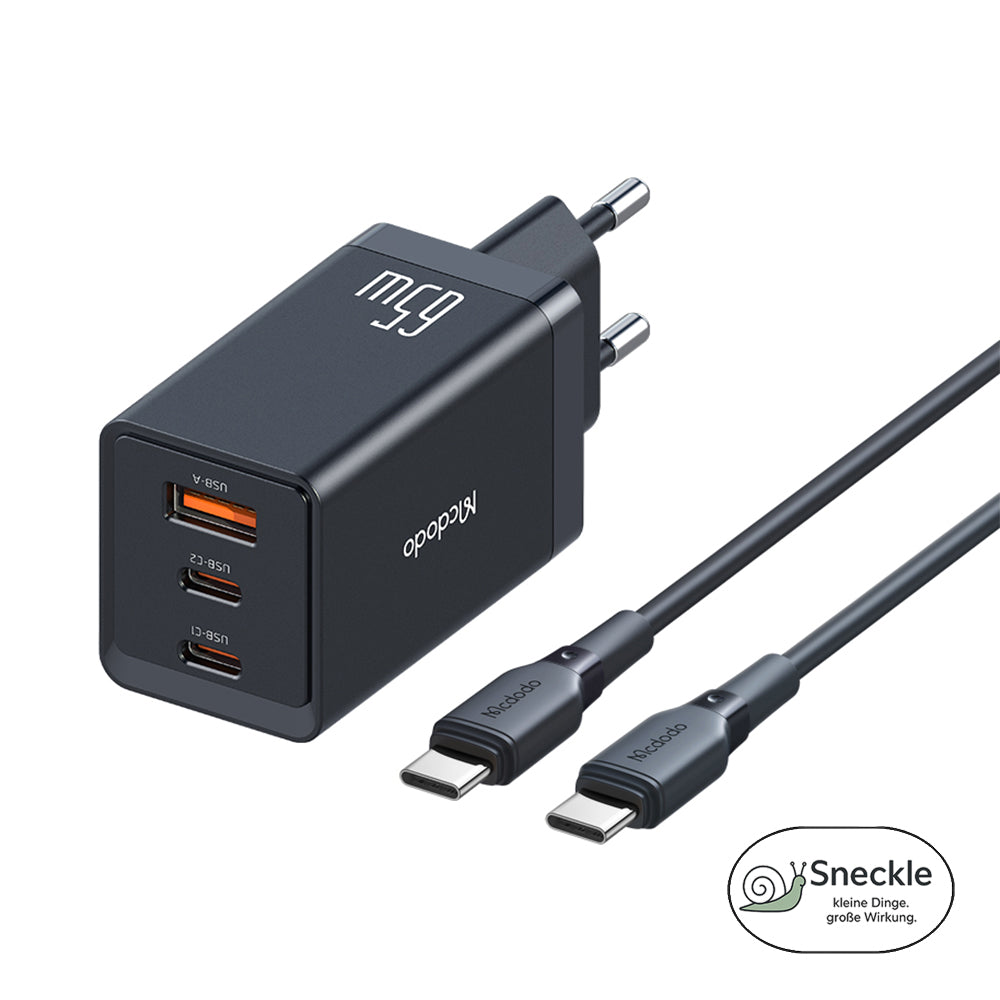 65W GaN Schnellladegerät – 3 Ports (2×USB-C, 1×USB-A)