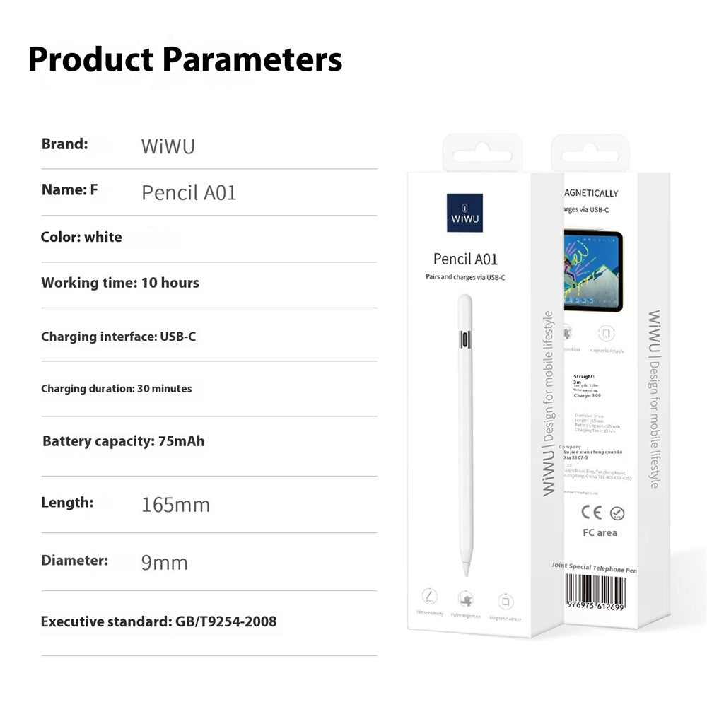 WIWU Pencil A01 Kapazitiver Stift – Für iPad (2018 und neuer), mit Anti-Fehlberührungs- & Neigungssensor