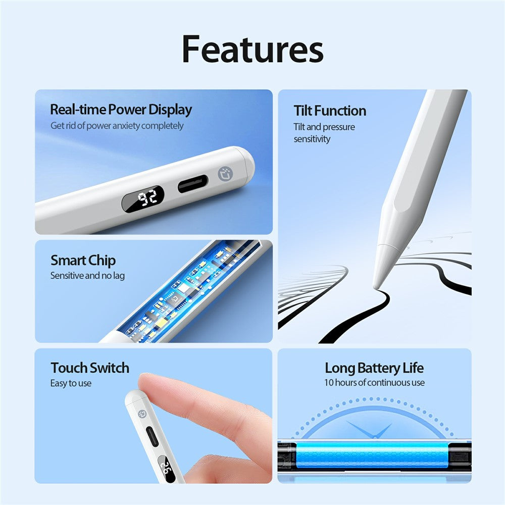 DUX DUCIS SP-06 Aktiver Stift – Für iPad, mit Display, Neigungserkennung & Handballenerkennung (Palm Rejection), Ersatzspitze