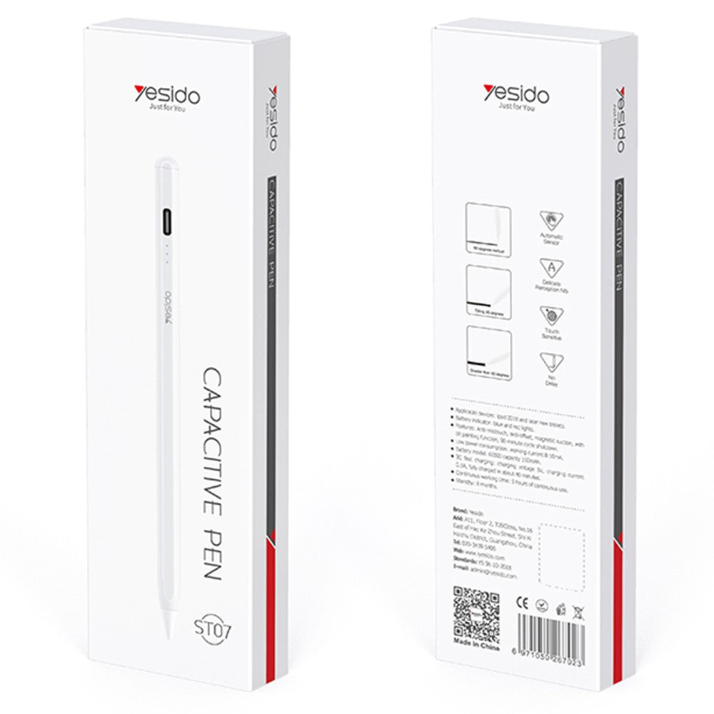 YESIDO ST07 Aktiver kapazitiver Stift – Für iPad Air 10,5 Zoll (2019) / Pro 11 Zoll (2018) / (2020) / Pro 12,9 Zoll (2018) / (2020)