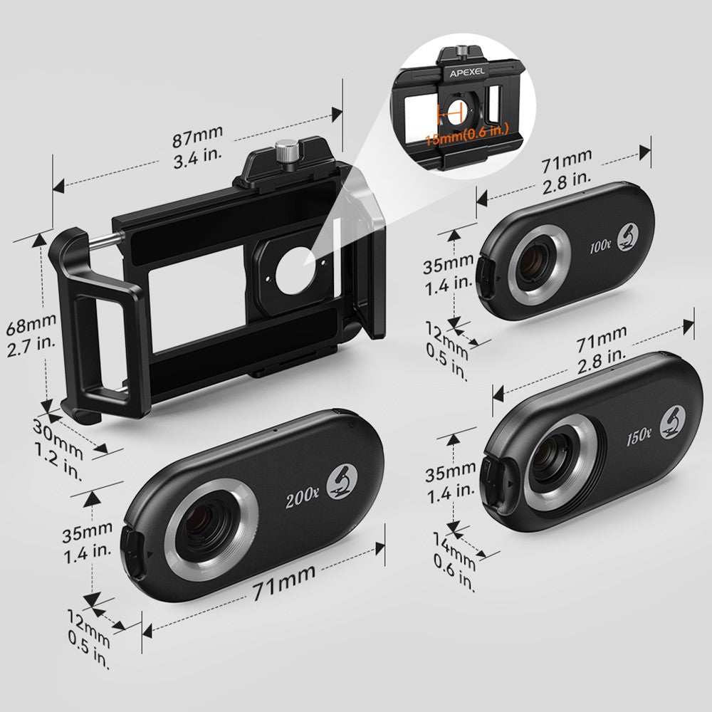 APEXEL APL-MS3IN1 Handyhalterung mit Clip – 100x/150x/200x 3-in-1 Vergrößerungsmikroskop, mit CPL-Filter