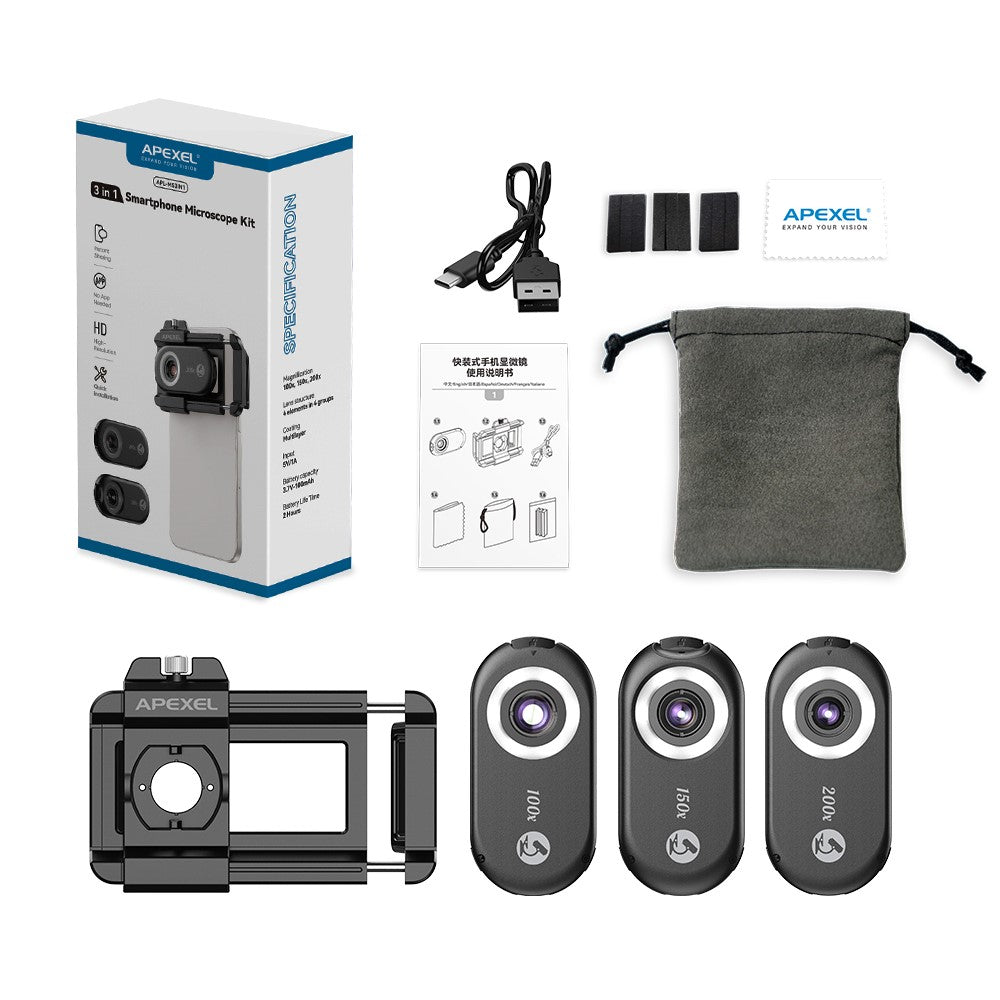 APEXEL APL-MS3IN1 Handyhalterung mit Clip – 100x/150x/200x 3-in-1 Vergrößerungsmikroskop, mit CPL-Filter