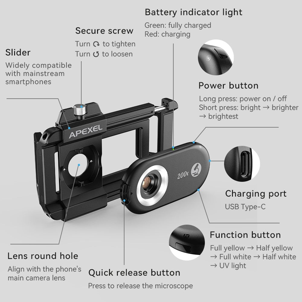 APEXEL APL-MS3IN1 Handyhalterung mit Clip – 100x/150x/200x 3-in-1 Vergrößerungsmikroskop, mit CPL-Filter