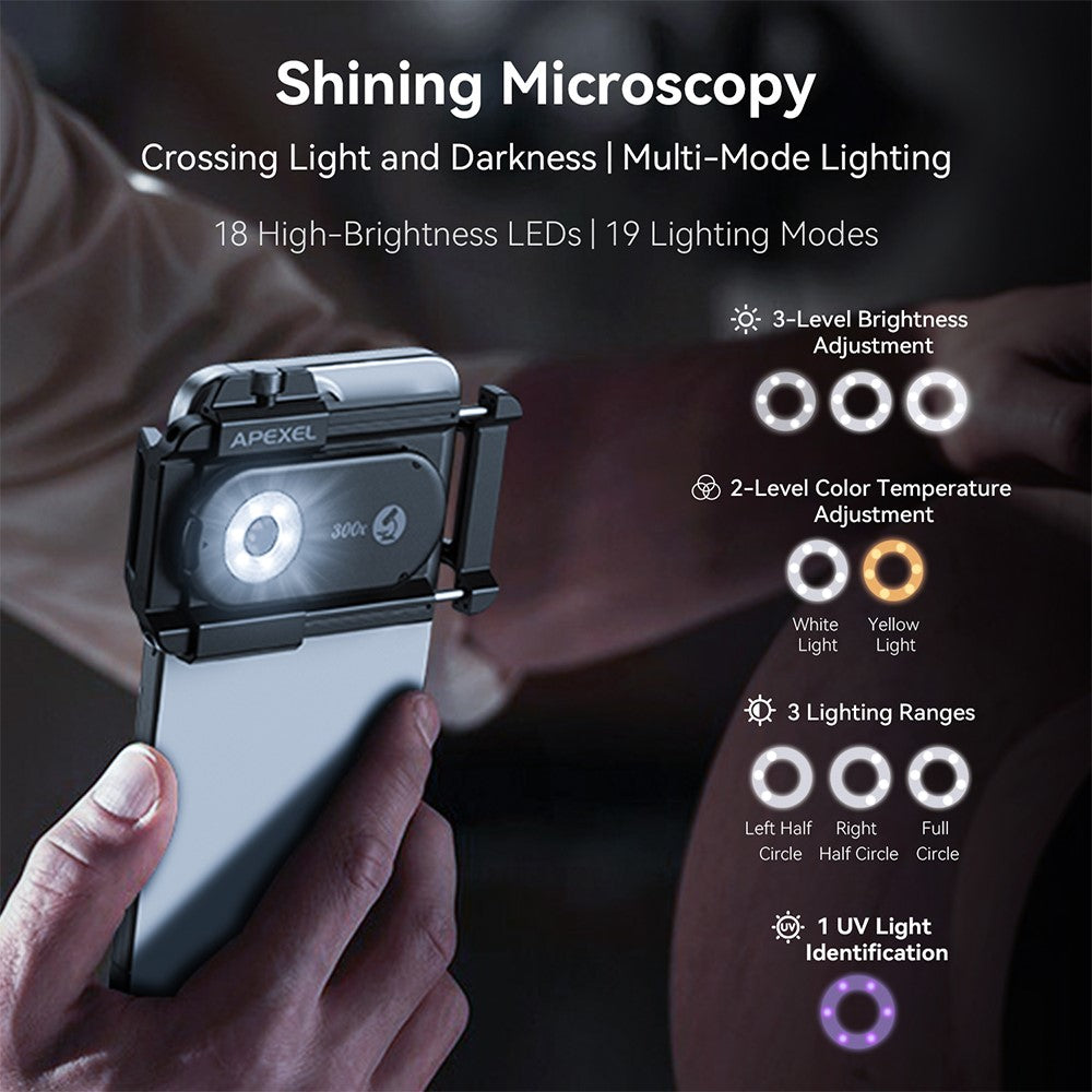 APEXEL APL-MS300 300X Mikroskop-Handy-Linsenaufsatz – Clip-On-Lupe, mit dreifarbiger LED-Beleuchtung