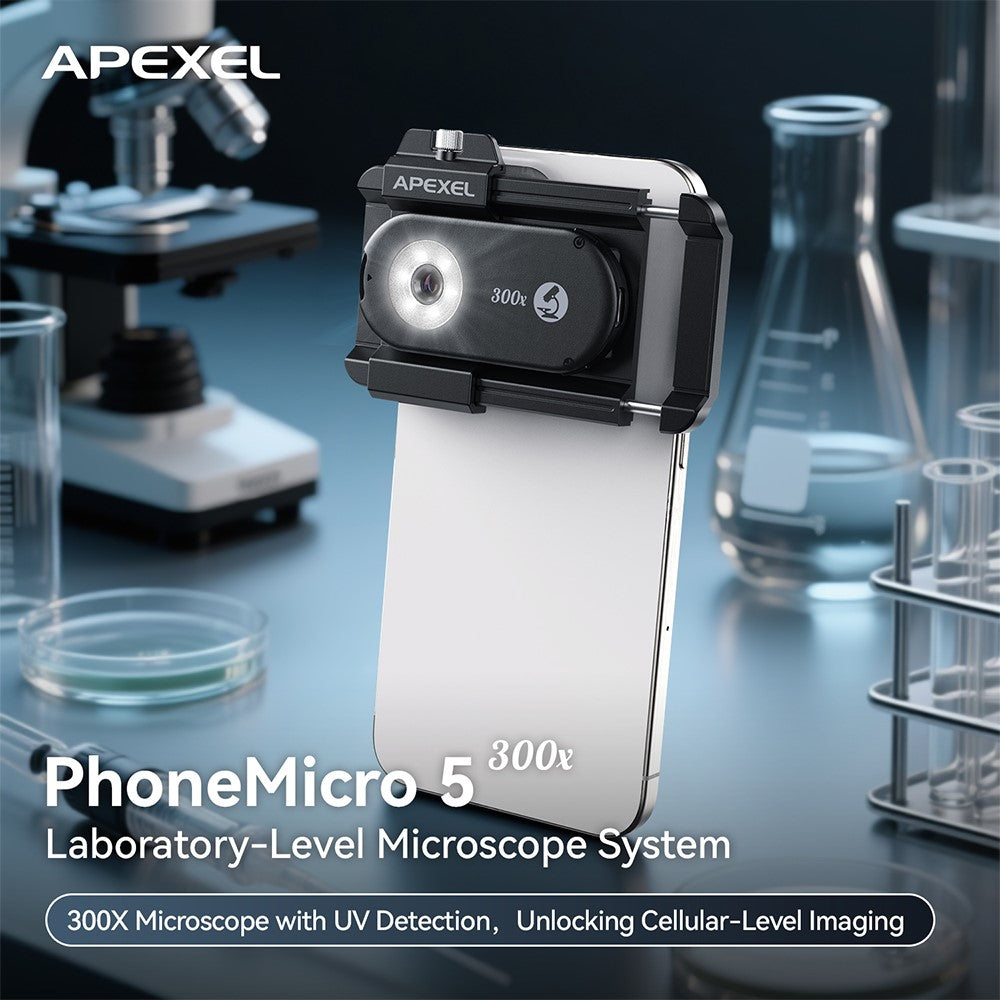 APEXEL APL-MS300 300X Mikroskop-Handy-Linsenaufsatz – Clip-On-Lupe, mit dreifarbiger LED-Beleuchtung