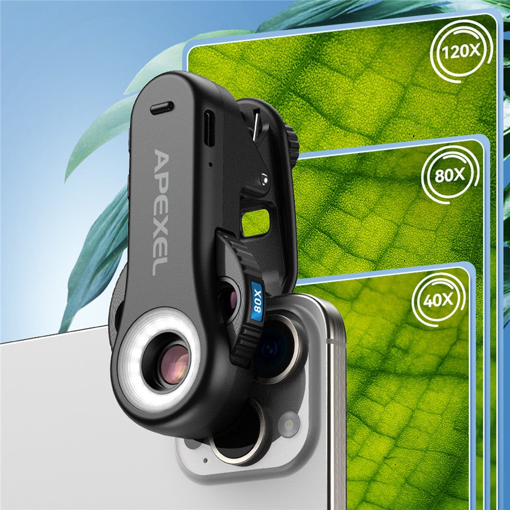 APEXEL APL-MS3L Handy-Mikroskop – Mit LED-Licht, 40x 80x 120x Zoom, Taschenmikroskop-Kameraaufsatz