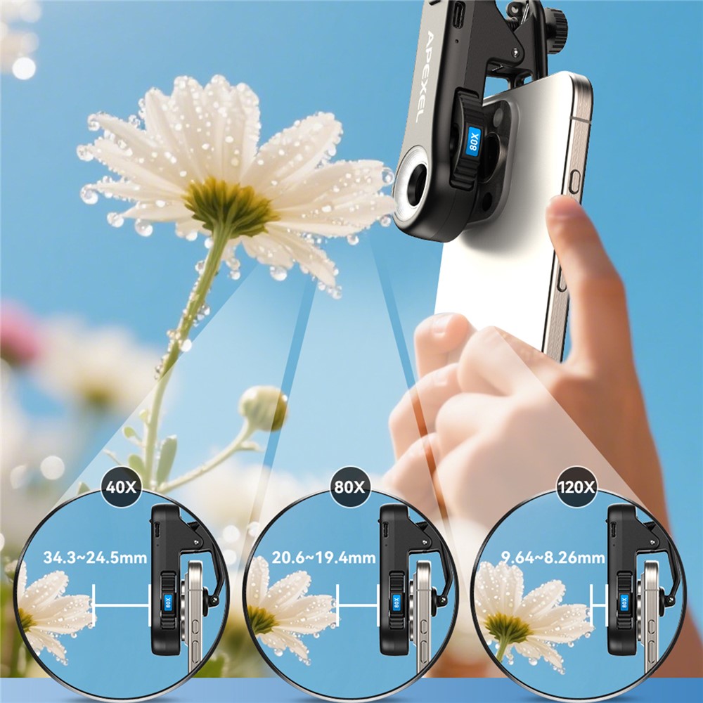 APEXEL APL-MS3L Handy-Mikroskop – Mit LED-Licht, 40x 80x 120x Zoom, Taschenmikroskop-Kameraaufsatz