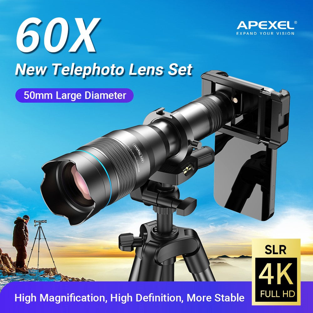 APEXEL APL-60XFR50 60X Teleobjektiv – Mit Stativset, HD 50mm Monokular für Smartphones, für Vogelbeobachtung & Konzerte