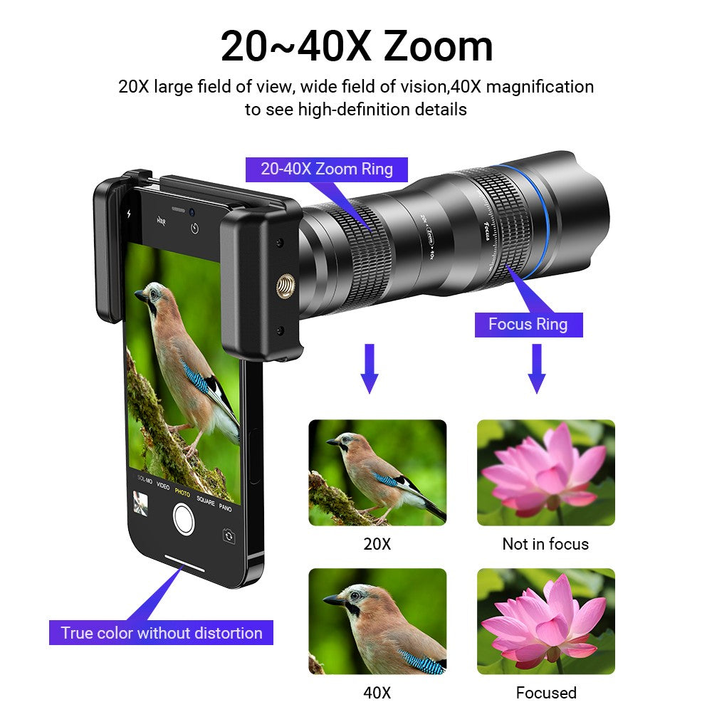 APEXEL APL-20-40XCR50 20-40x Zoom-Teleobjektiv-Stativset – Für Vogelbeobachtung, Konzerte