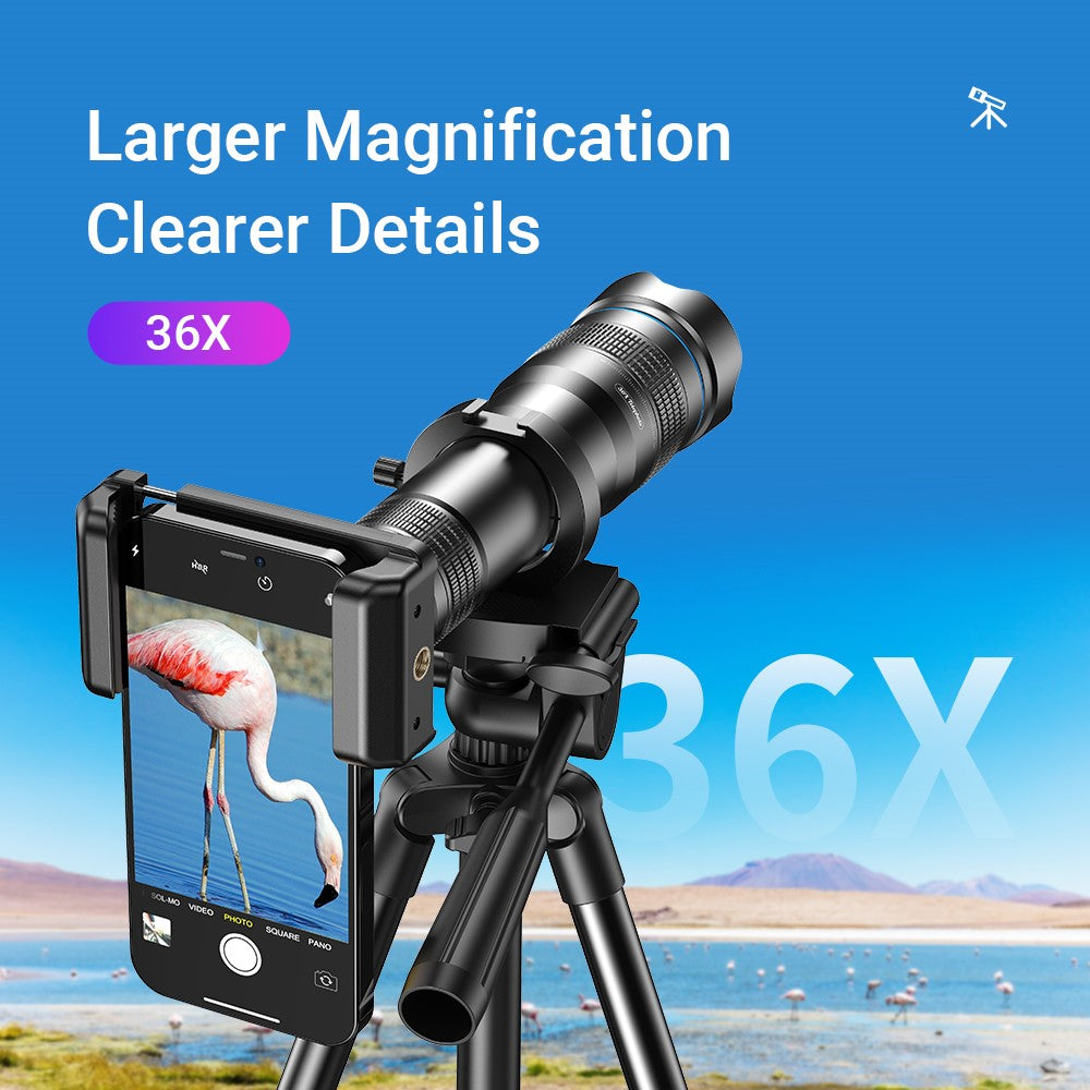 APEXEL APL-36XCR50 Teleobjektiv – Aus Aluminiumlegierung, mit 36-facher Vergrößerung für Handykameras, geeignet für Vogelbeobachtung und Wandern