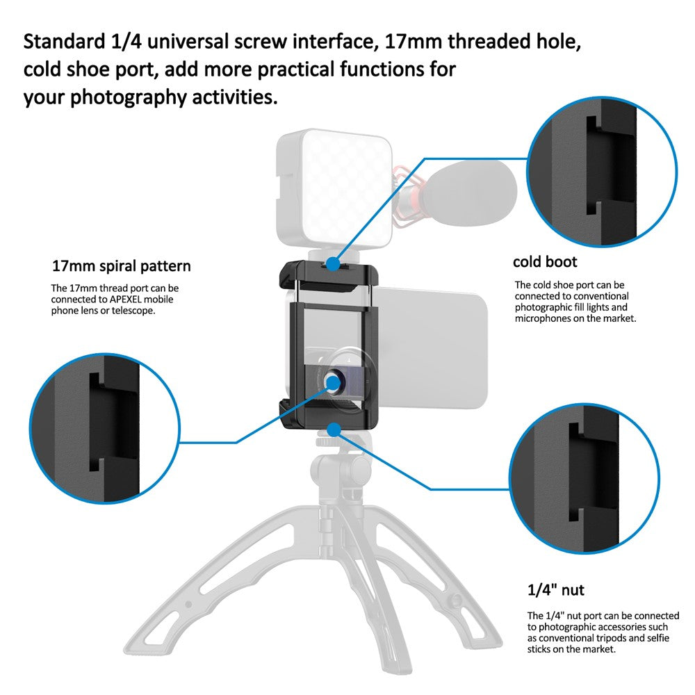 APEXEL F001 Smartphone-Clip – Mit externem Kameraclip & 1/4-Zoll-Schraubgewinde, für Selfie-Stick, Kamerastativ & Stativhalterung