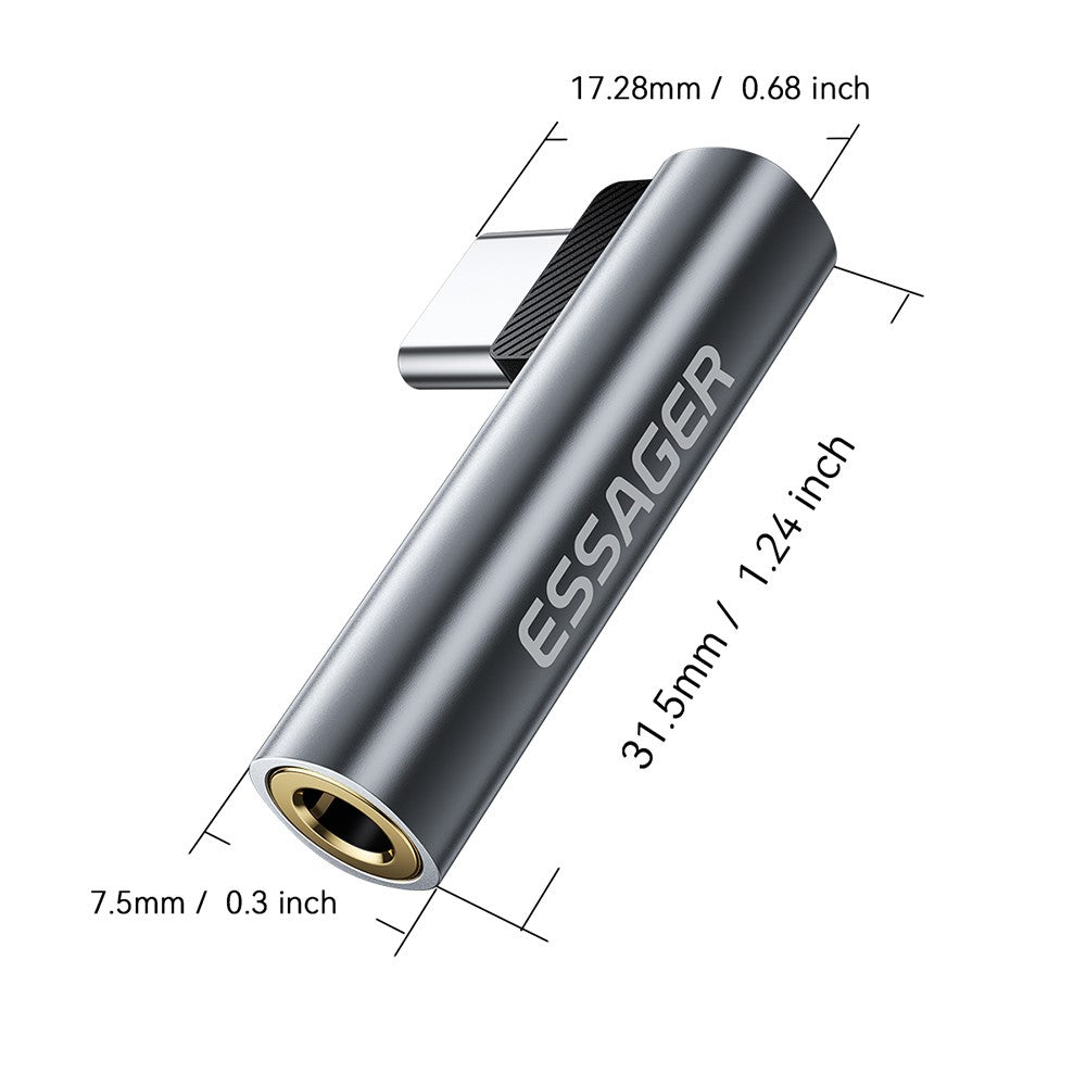 ESSAGER Typ-C Stecker auf 3,5 mm Buchse – L-förmiger Audioadapter, Inline-Steuerungs-Audioadapter