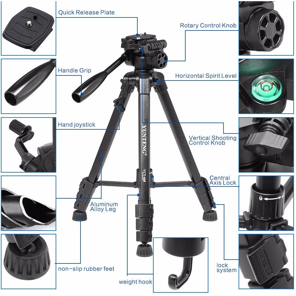 YUNTENG VCT-668 Stativ – Aus Aluminiumlegierung, mit Gimbal-Stabilisator, für Spiegelreflexkameras/Mobiltelefone