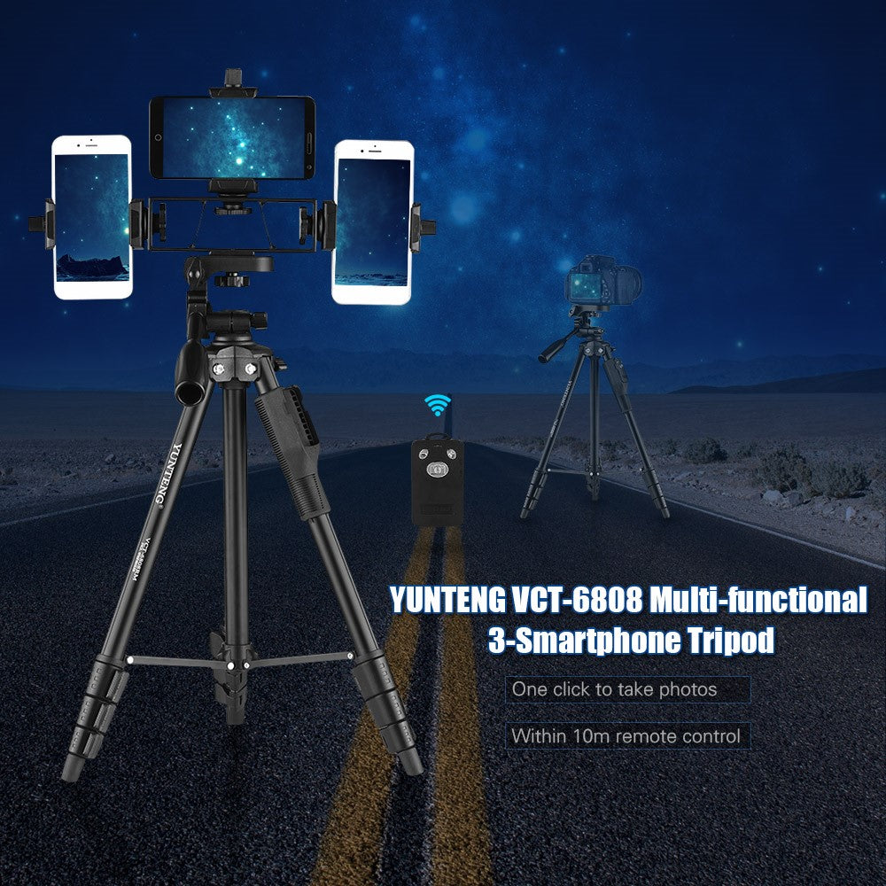 YUNTENG VCT-6808 Multifunktionales Stativ – 4-teilig, verstellbar, mit 3 Handyhalterungen, Kugelgelenk & Fernbedienung, für Handys & Kameras