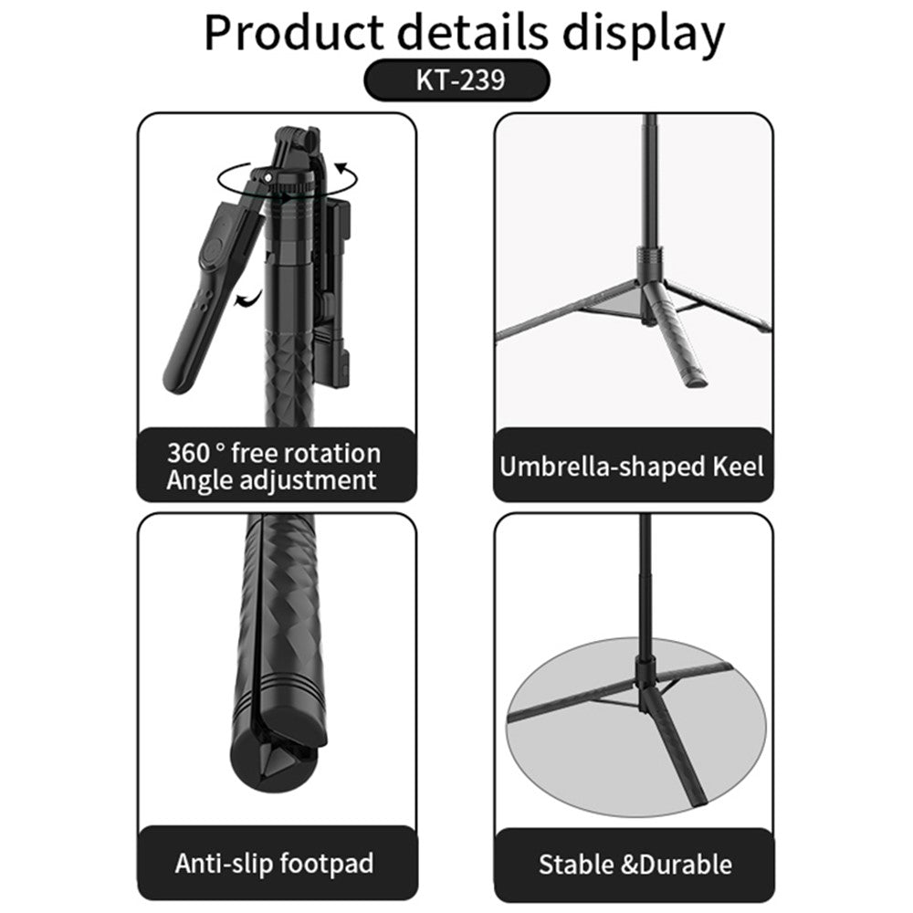JMARY KT-239 Selfie-Stick mit Stativfunktion – 1,75 m, mit Handyhalterung & drehbarem Design