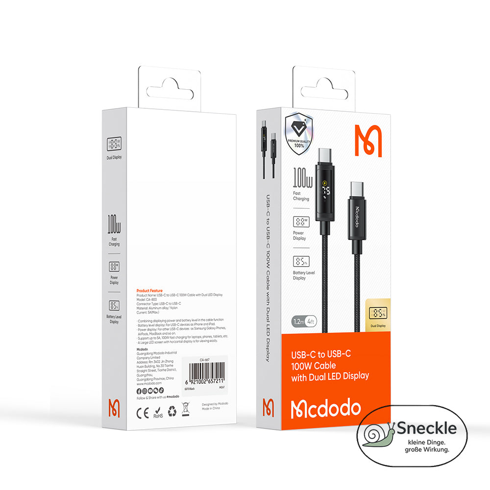 MCDODO CA-8000 C auf C Schnellladekabel – Bis 100W, 1,2m, geflochten, Digitalanzeige & Daten bis 480 Mb/s