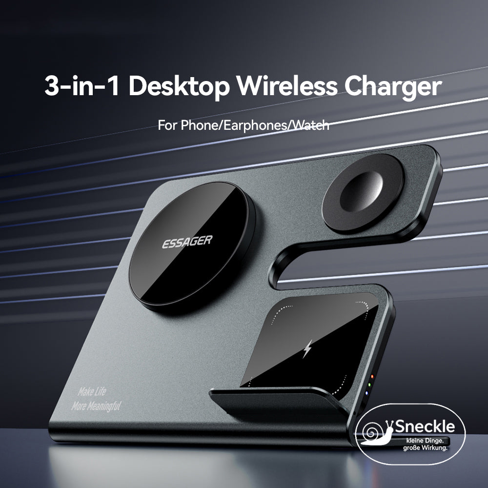 3-in-1 Magnetische Kabellose Ladestation – 15W Schnellladegerät für Smartphone, Kopfhörer & Smartwatch