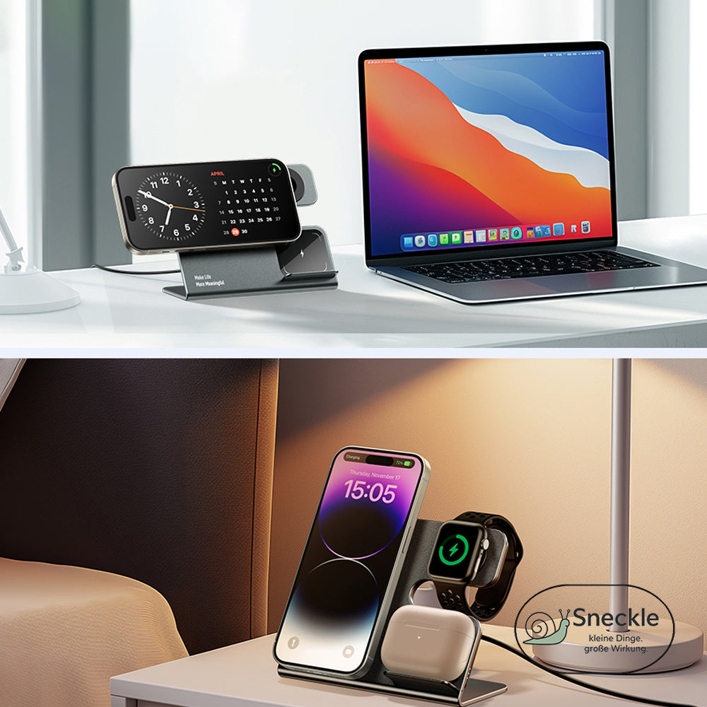3-in-1 Magnetische Kabellose Ladestation – 15W Schnellladegerät für Smartphone, Kopfhörer & Smartwatch