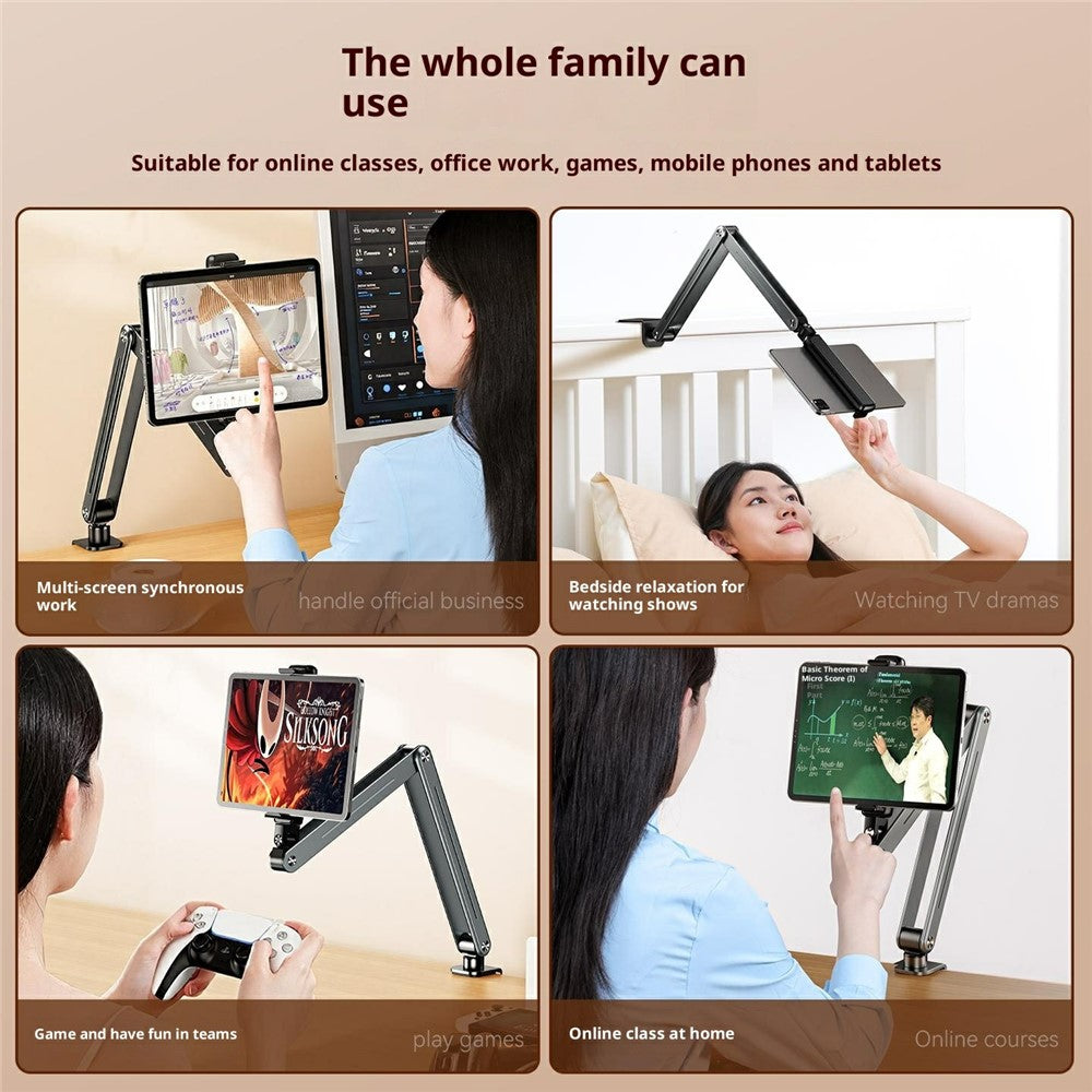 P86 Foldable Tablet Holder Aluminum Alloy 360 Degree Rotation Suspension Arm Mount Tablet Stand for Bed / Desk
