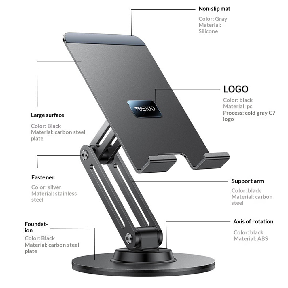 YESIDO C302 Desktop Tablet Stand 360 Degree Rotation 3-Axis Foldable Phone Holder Bracket