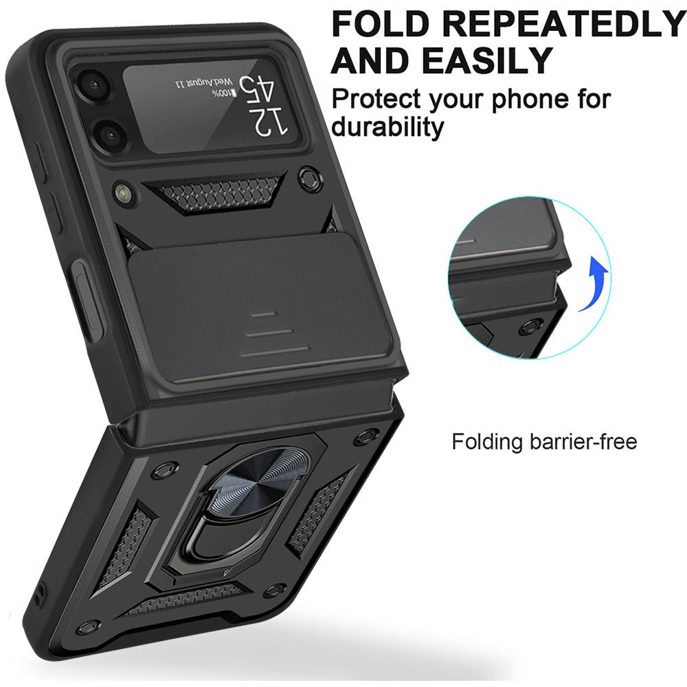For Samsung Galaxy Z Flip4 5G Anti-wear Phone Shell Slide Camera Protection PC + TPU Ring Kickstand Anti-scratch Phone Cover Case