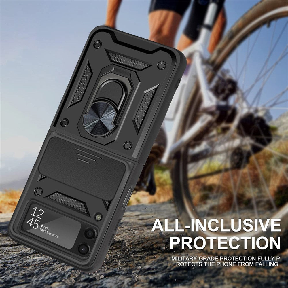 For Samsung Galaxy Z Flip4 5G Anti-wear Phone Shell Slide Camera Protection PC + TPU Ring Kickstand Anti-scratch Phone Cover Case