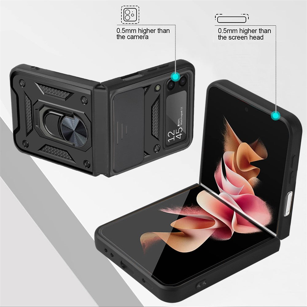 For Samsung Galaxy Z Flip4 5G Anti-wear Phone Shell Slide Camera Protection PC + TPU Ring Kickstand Anti-scratch Phone Cover Case