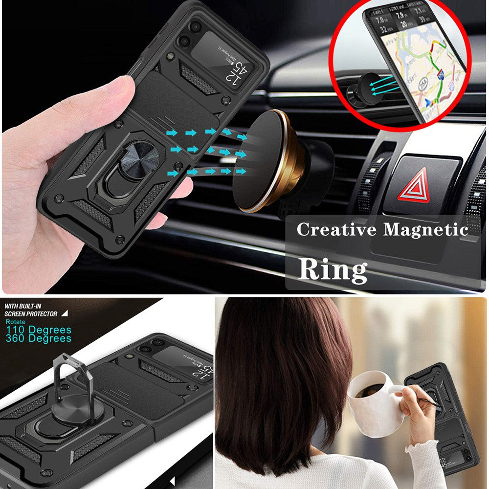For Samsung Galaxy Z Flip4 5G Anti-wear Phone Shell Slide Camera Protection PC + TPU Ring Kickstand Anti-scratch Phone Cover Case