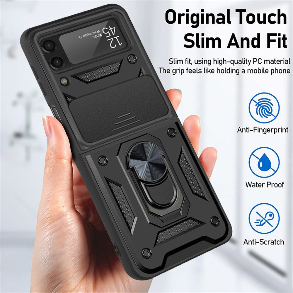 For Samsung Galaxy Z Flip4 5G Anti-wear Phone Shell Slide Camera Protection PC + TPU Ring Kickstand Anti-scratch Phone Cover Case