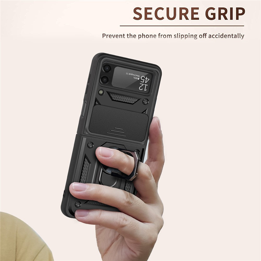 For Samsung Galaxy Z Flip4 5G Anti-wear Phone Shell Slide Camera Protection PC + TPU Ring Kickstand Anti-scratch Phone Cover Case