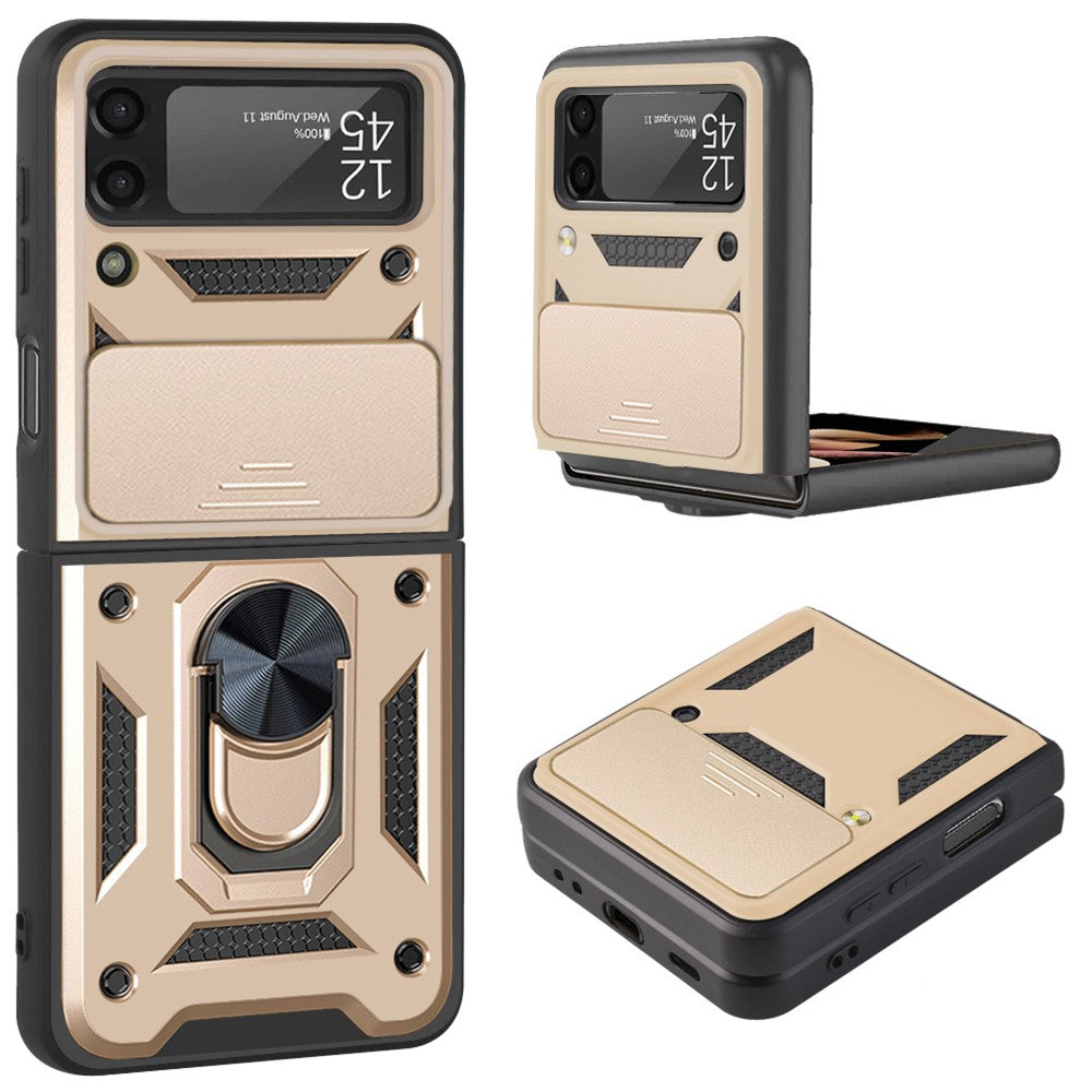 For Samsung Galaxy Z Flip4 5G Anti-wear Phone Shell Slide Camera Protection PC + TPU Ring Kickstand Anti-scratch Phone Cover Case