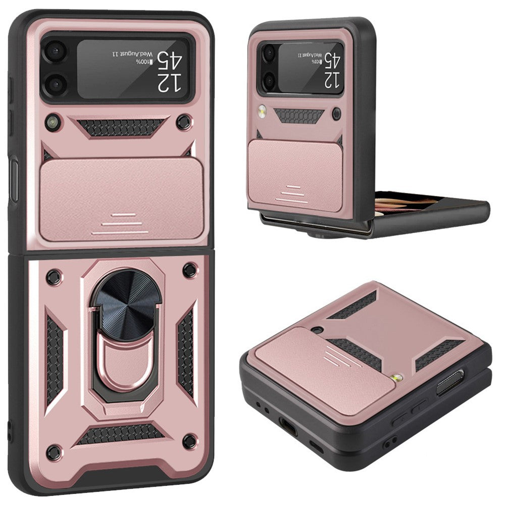 For Samsung Galaxy Z Flip4 5G Anti-wear Phone Shell Slide Camera Protection PC + TPU Ring Kickstand Anti-scratch Phone Cover Case