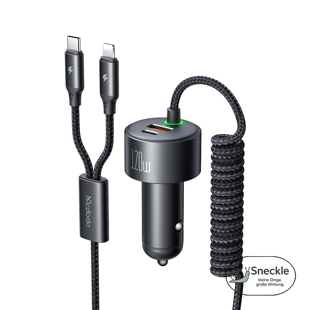 Autoladegerät Mit Federkabel (USB-C & iPhone) und 2 Ports (USB-A, USB-C) – 120W Schnellladung