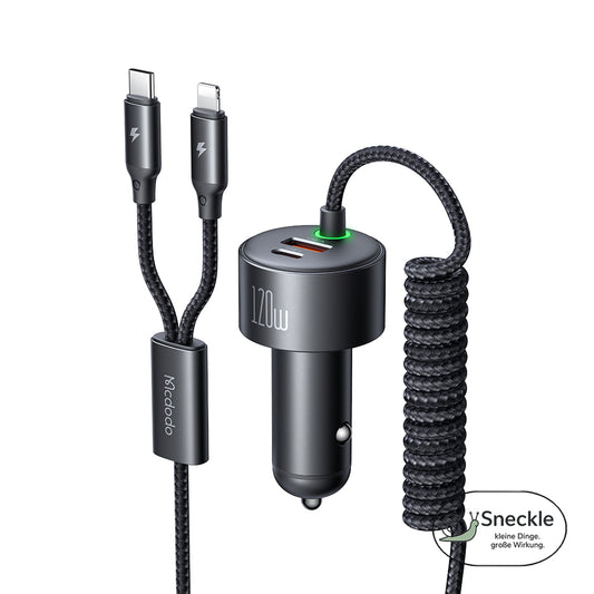 Autoladegerät Mit Federkabel (USB-C & iPhone) und 2 Ports (USB-A, USB-C) – 120W Schnellladung