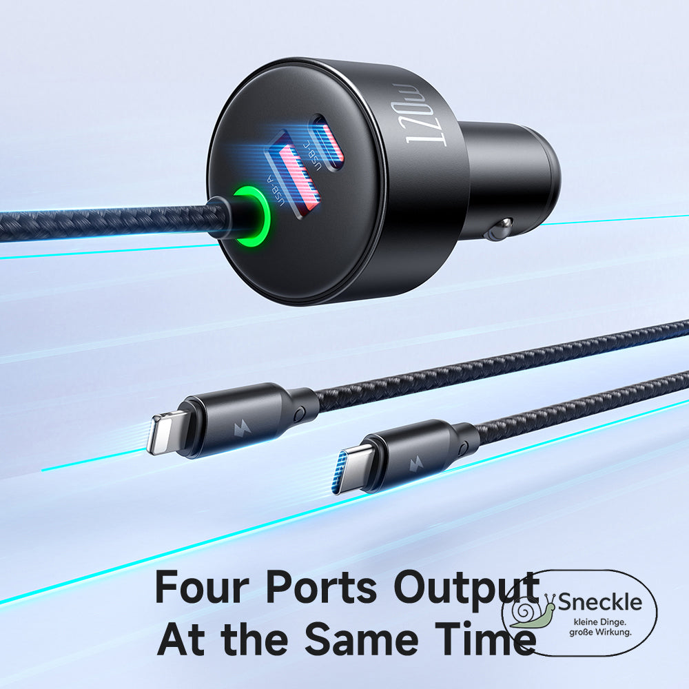 Autoladegerät Mit Federkabel (USB-C & iPhone) und 2 Ports (USB-A, USB-C) – 120W Schnellladung
