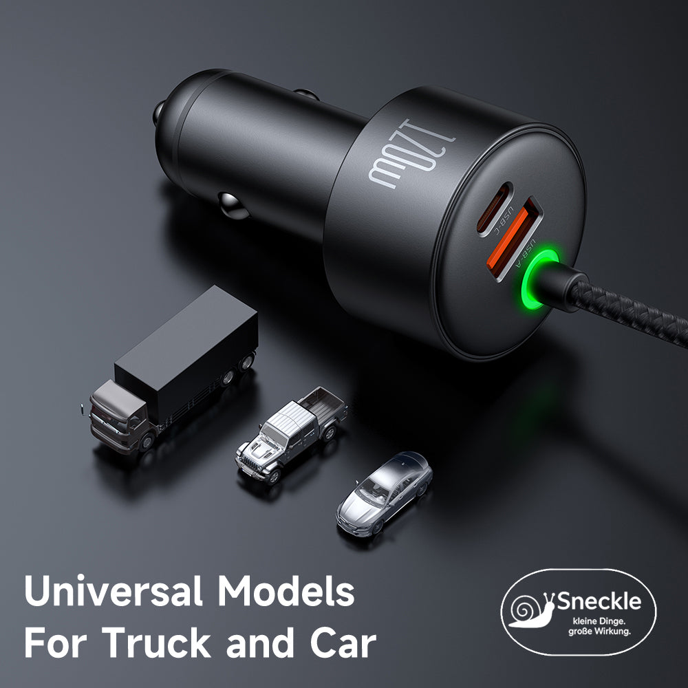 Autoladegerät Mit Federkabel (USB-C & iPhone) und 2 Ports (USB-A, USB-C) – 120W Schnellladung